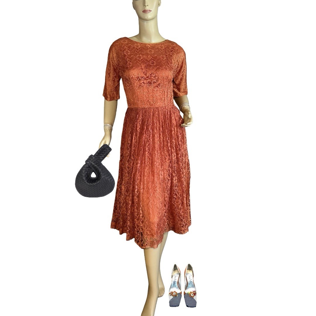VINTAGE CIRCA 1950’S HANDMADE RUST ORANGE LACE OVERLAY DAY DRESS SZ APPX SMALL
