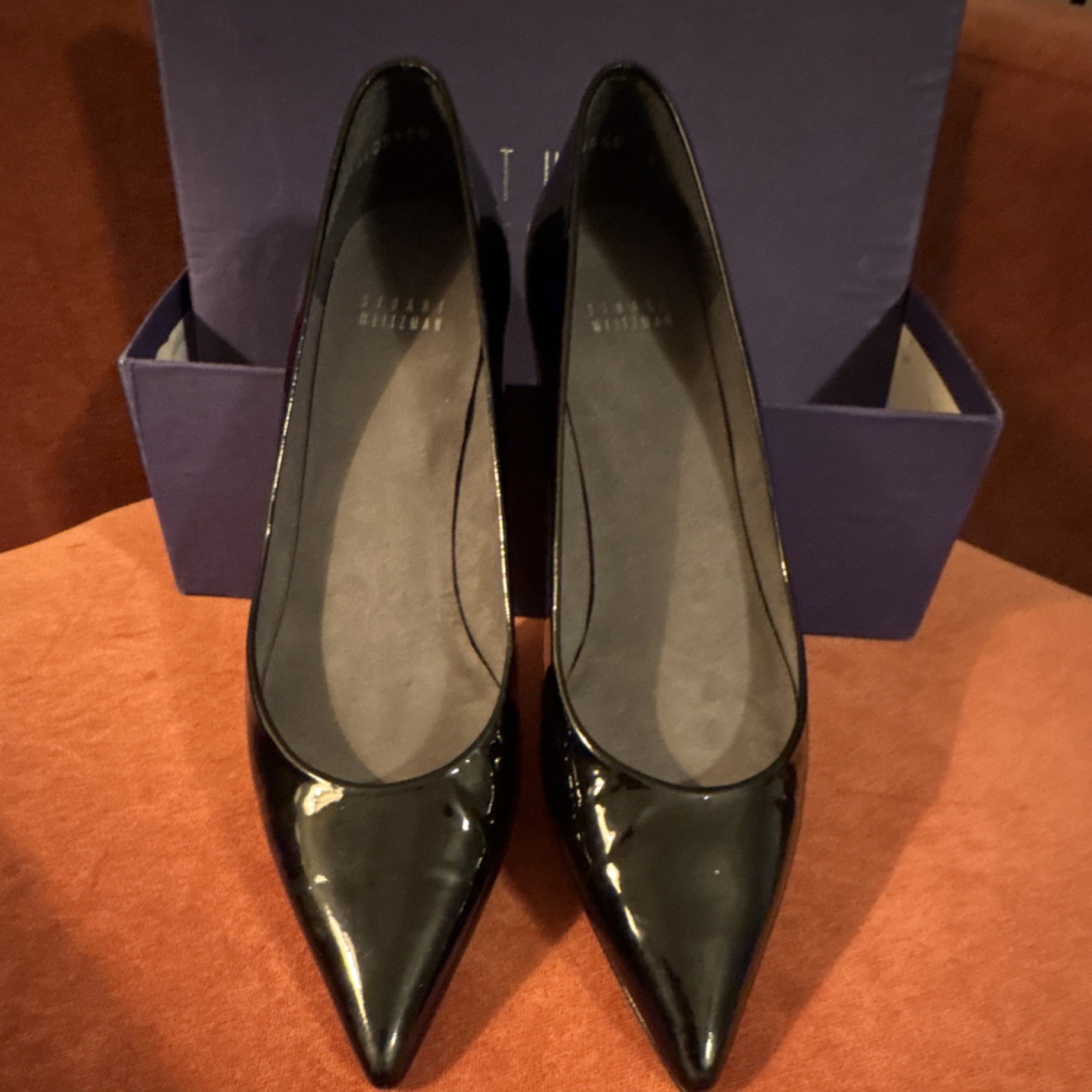 Stuart Weitzman Black Patent Leather Solid Pointed Toe Slip On Pumps 9