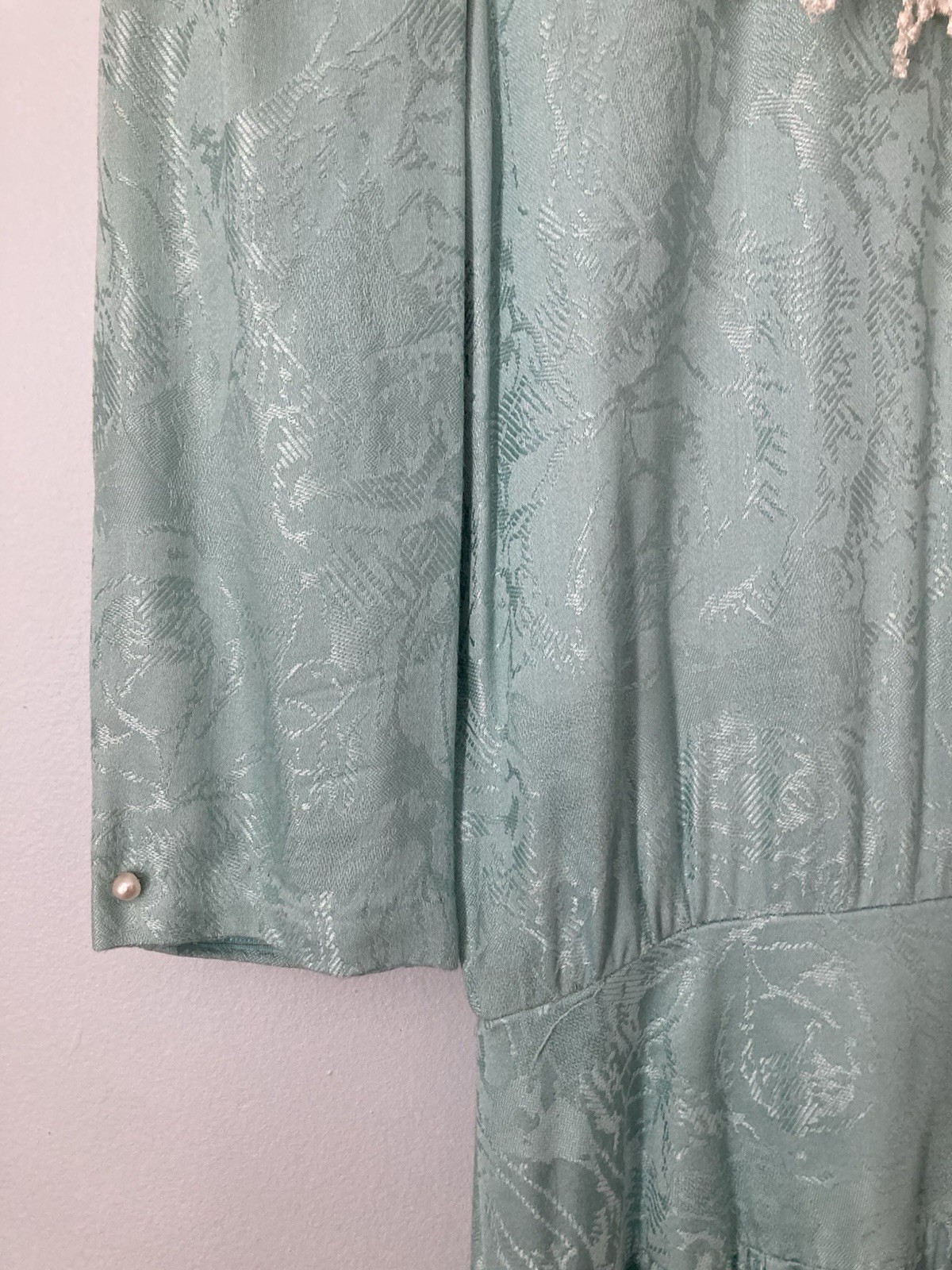 JSJ Vintage Aqua Jacquard/Brocade Dress With Lace & Pearls Size 7/8 Made In USA