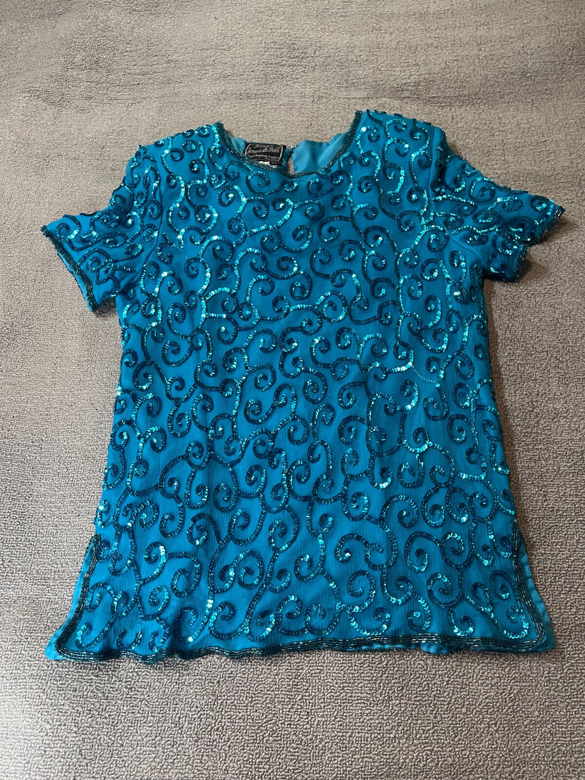 Jean for Joseph Le Bon Blouse Womens Size 6 Petite 6 P Blue Beaded Swirl Pattern