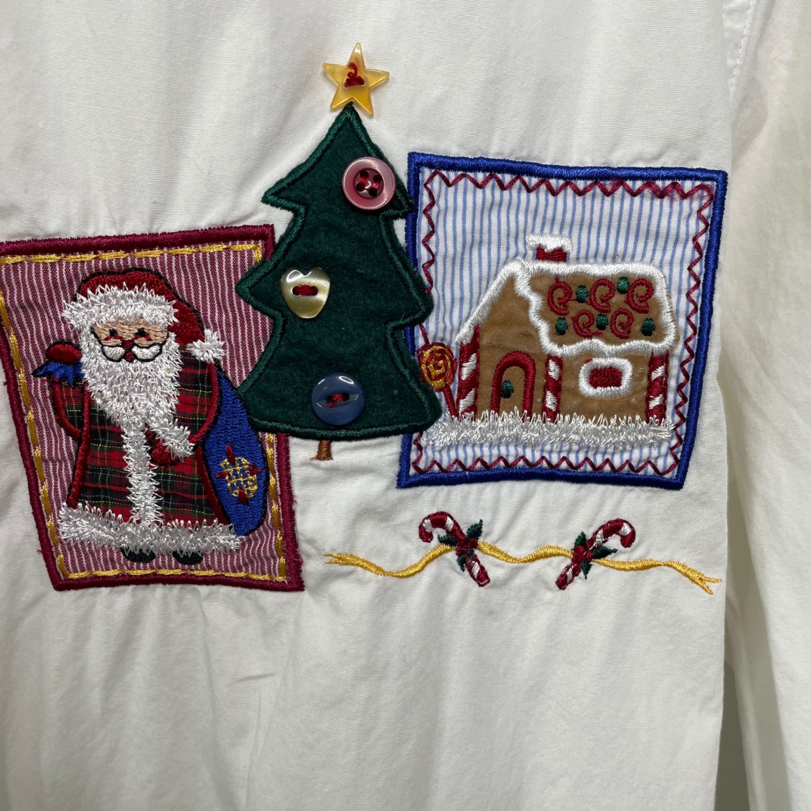 Vtg 90 Christmas Holiday Embroidered Button Down Shirt White Size S Cottage Gram