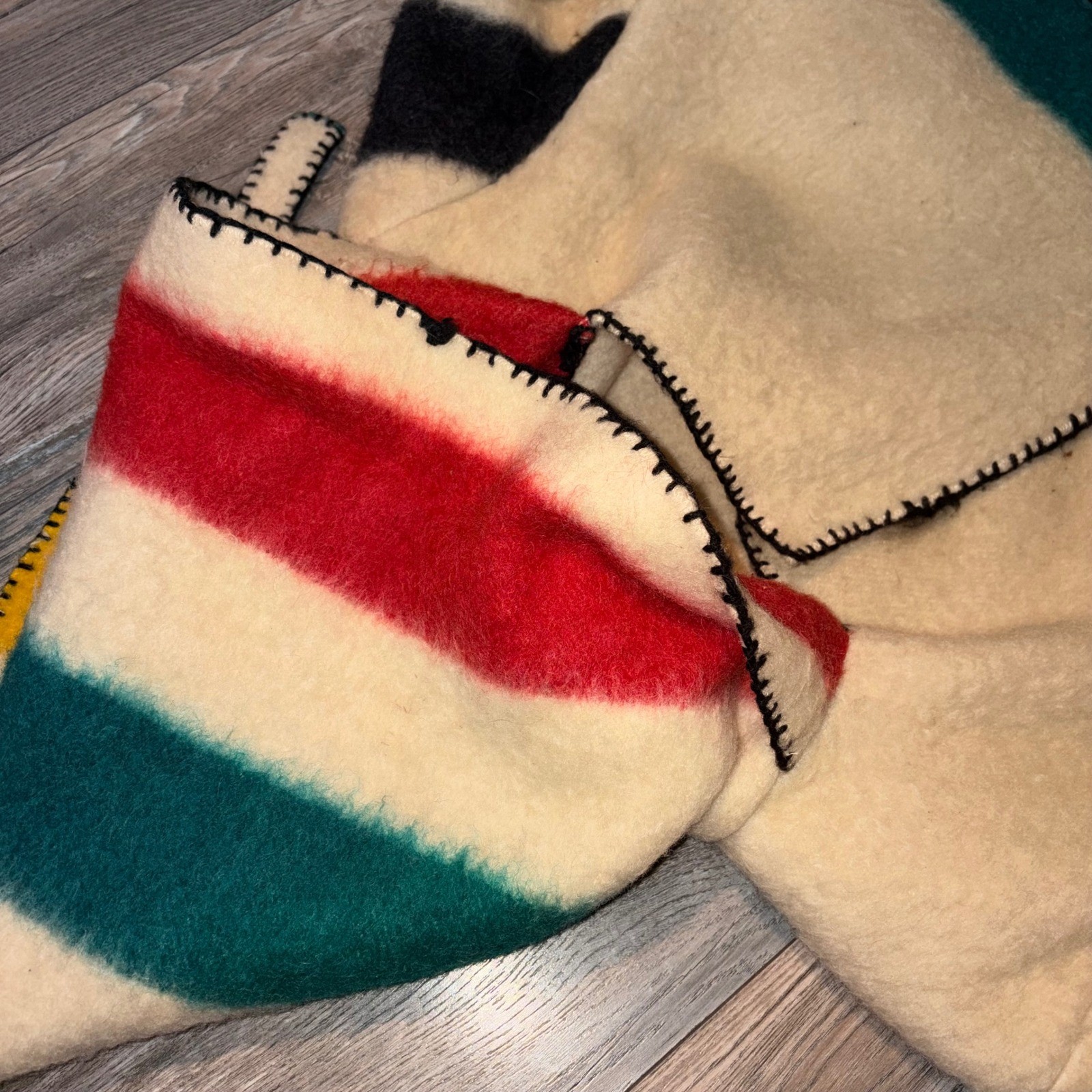 Vintage Handmade Hudson Bay Style Wool Blanket Coat Multi Stripe Hooded Belted