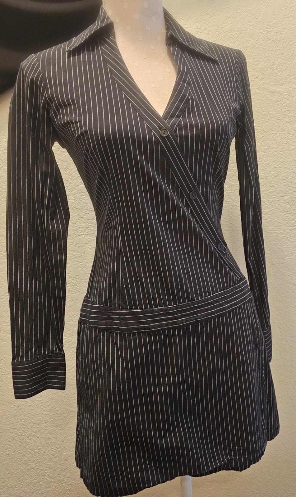 Y2K Vintage Aqua Blues Pinstripe Mini Dress Sz 5 Longsleeve Wrap dress
