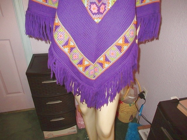 Vtg 70s Crochet Poncho Heavy Knit Sweater Coat Fringe Poms Boho Aztec Southweste