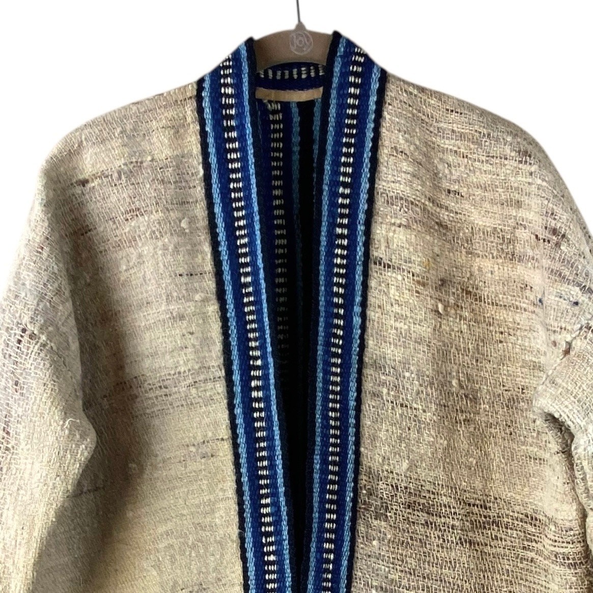 Hand Woven Wool Jacket Size L Cream Blue Artisan Boho