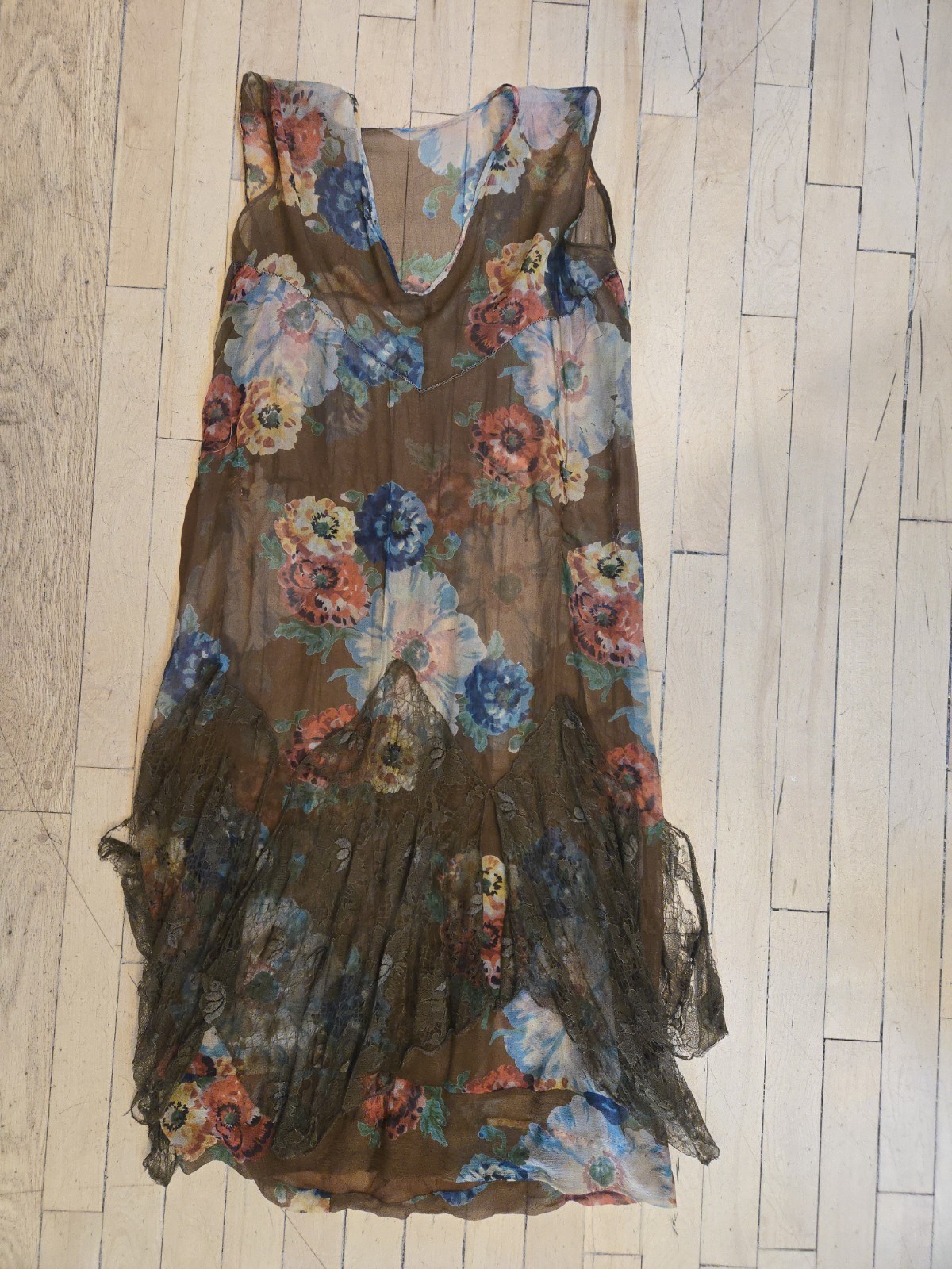 Antique 1920s Brown Silk Chiffon Mid Length Tissue Dress Large Colorful Floral