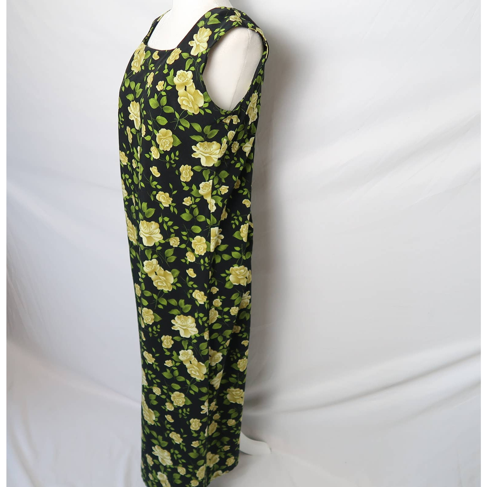 Vintage 90 black and yellow rose floral maxi dress M