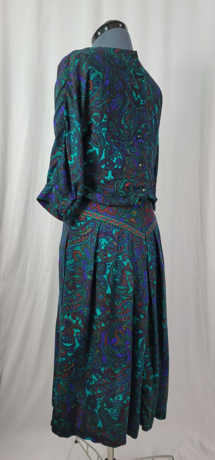 Vintage VLP Petites Green & Purple Paisley Blouson Secretary Dress SIze 8
