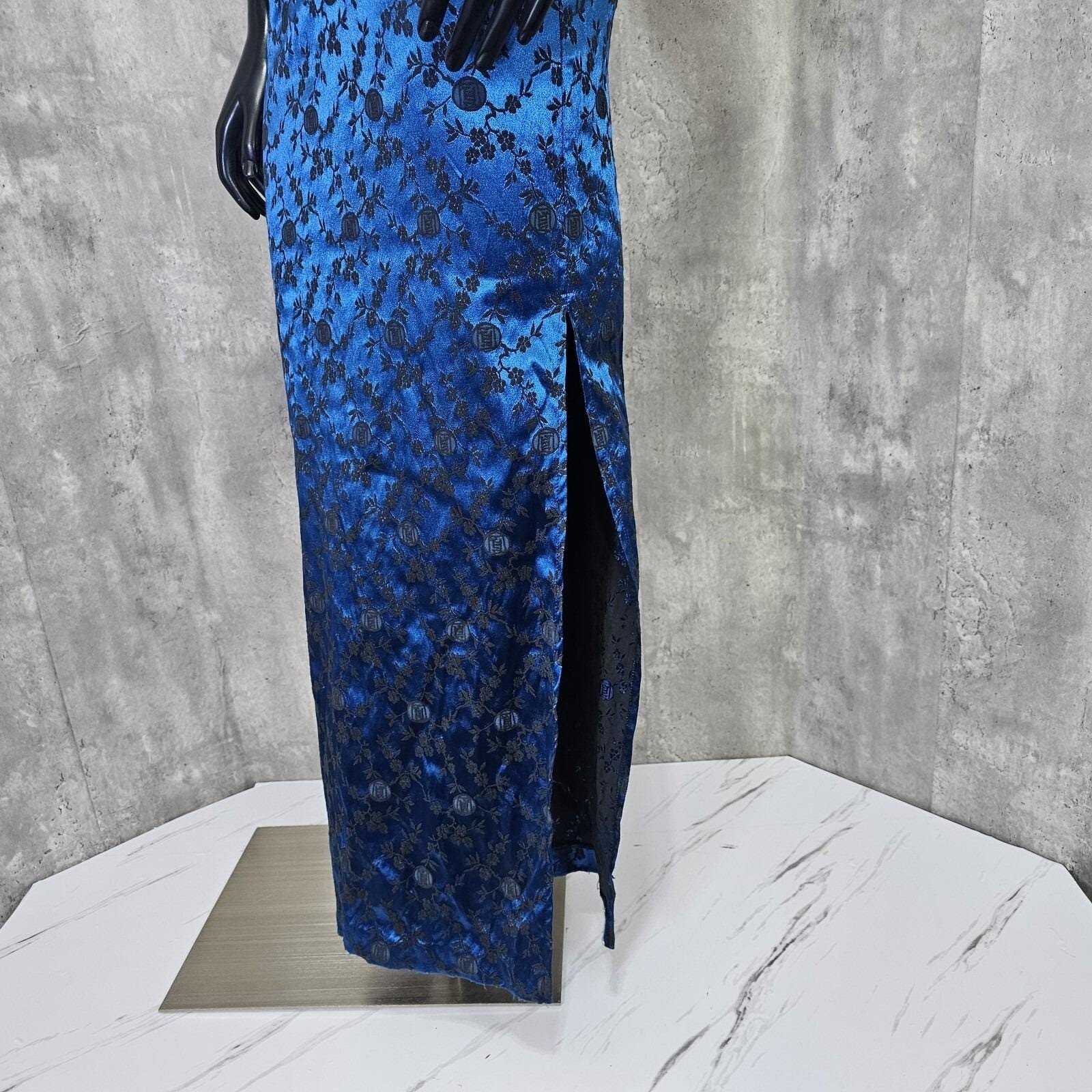 Vintage 90s L.A. Glo S Blue Black Floral Brocade Strapless Maxi Dress USA