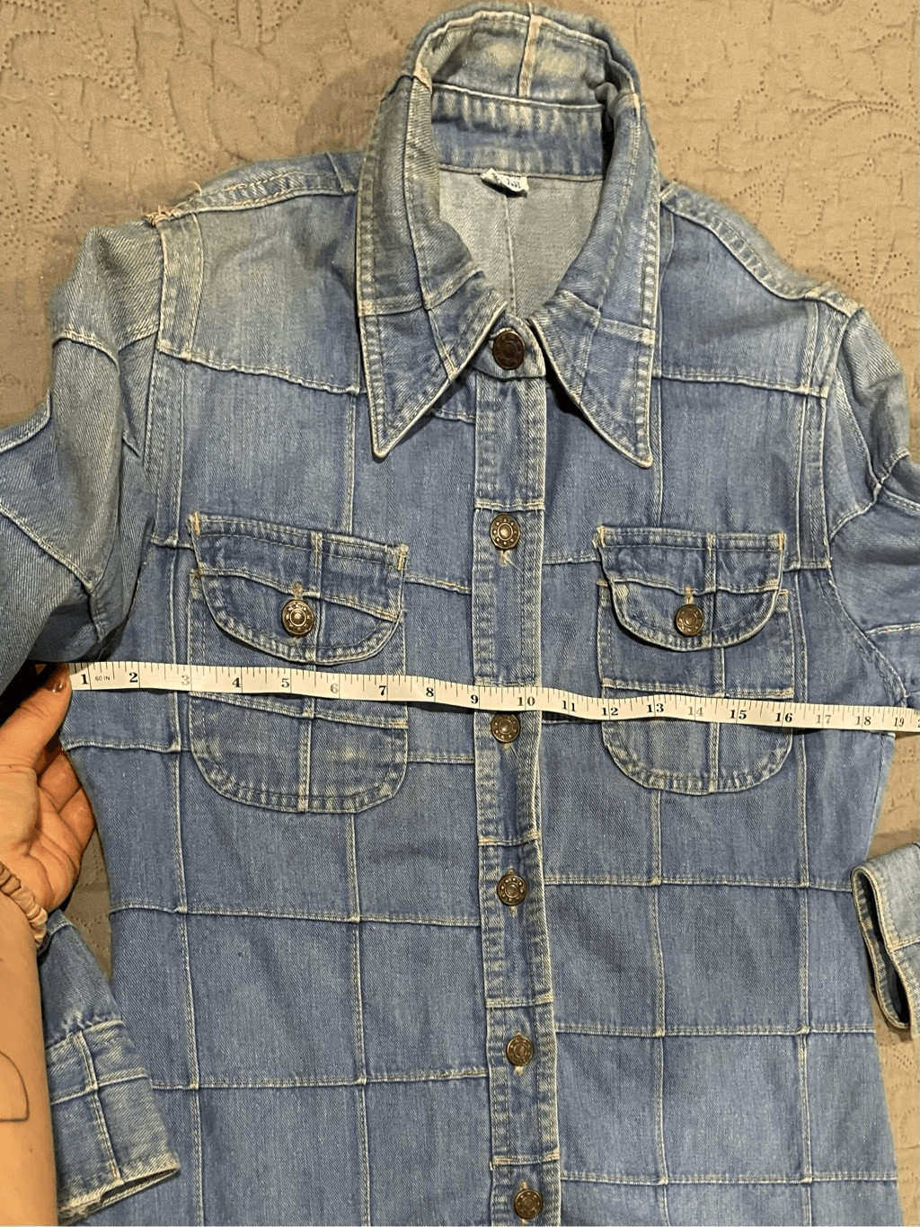 Vintage 1970s Patchwork Denim Cotton Button Up Shirt Lapels 9/10