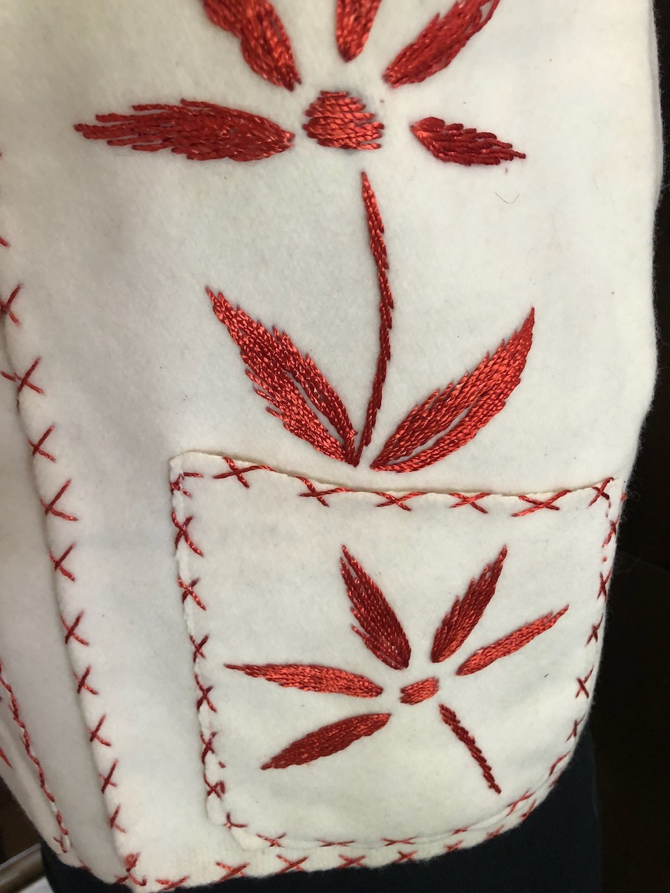 Boiled Wool Vest Long Embroidered Open Front Large Pockets Boho Artisanal M/L