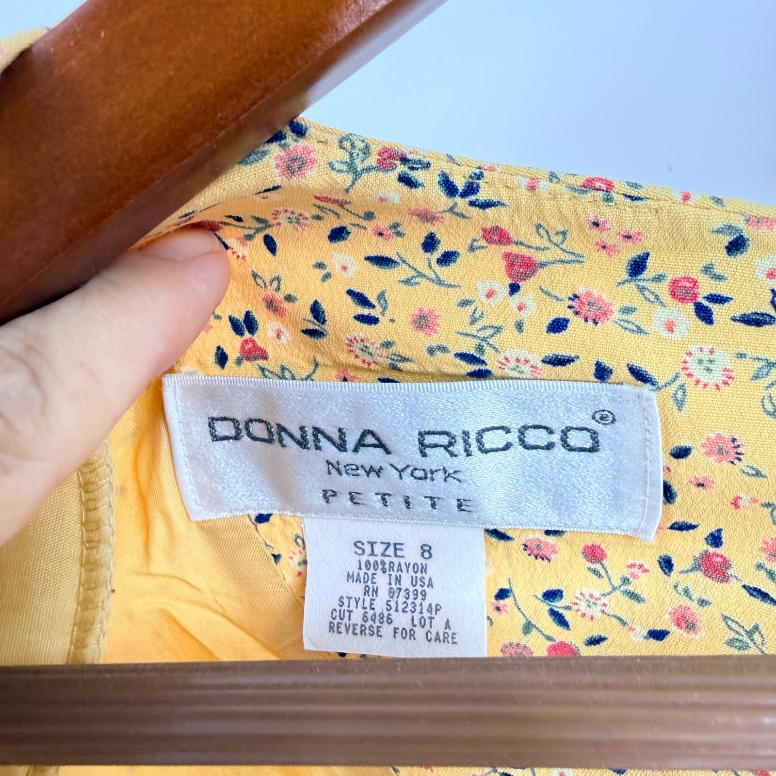 Vintage Donna Ricco Floral Faux Wrap Midi Dress Yellow Waist Tie Size Petite 8