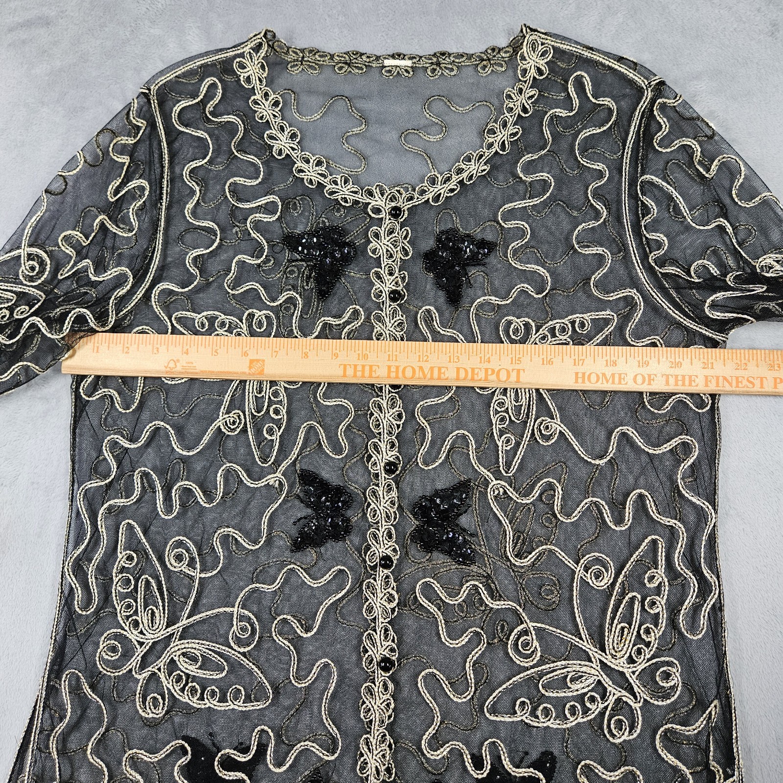 VTG Womens Butterfly 3D Embroidered Sheer Mesh Cardigan Shirt Black Gold No Tag