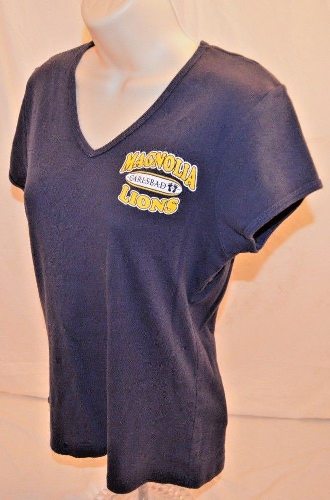 VTG 90s T-Shirt V Neck Magnolia Lions School Retro Black Womans L Made in USA