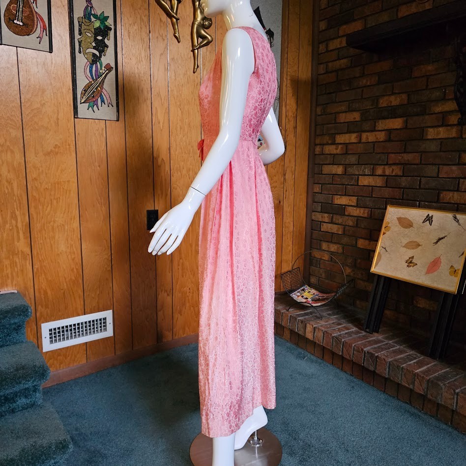 Vtg 60s Pink Brocade Empire Sleeveless Bridesmaid Formal Party Maxi Dress XS/S