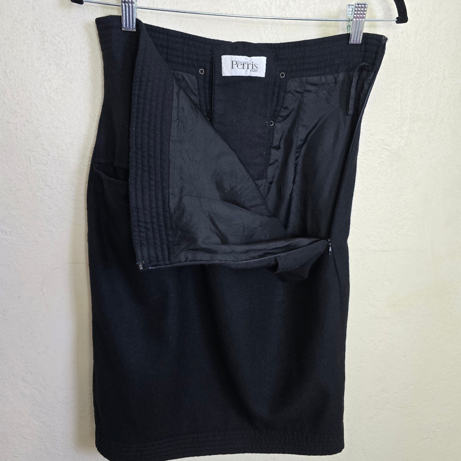 Vintage 1980s Bernard Perris Paris Black Wool Corset Pencil Skirt S