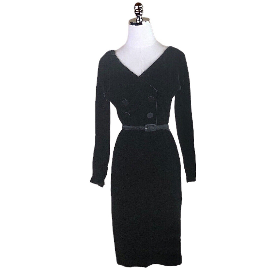 Vintage 50s Parade New York Dress S Black Velvet Belted Chic Designer Flaws READ