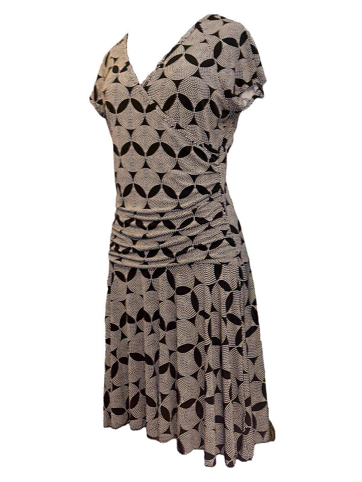 BCX V-Neck Cap Sleeve Ruching Bl/Wh Geo Print Short Faux Wrap Dress Women L VTG