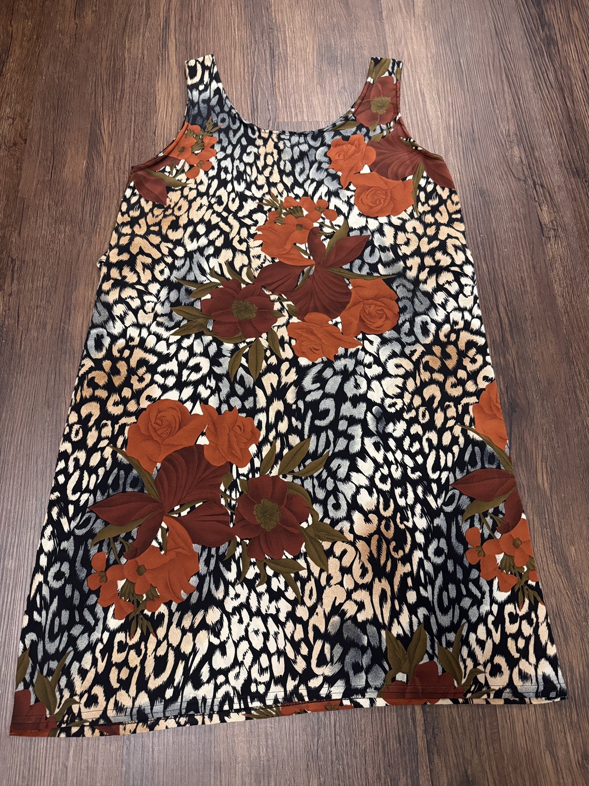 Vintage 90s Grunge Floral Leopard Print Sleeveless Dress Size Medium Made in USA