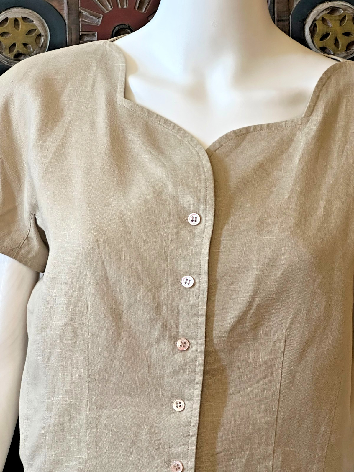 Claude Bennett Short Sleeve 100% Linen Size 12 tan button up blouse vtg