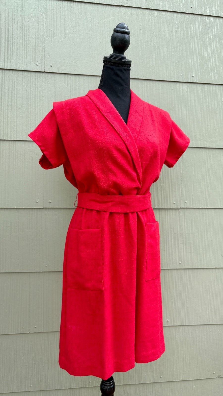 vtg LISA PETITES 70s Disco Casual Red Woven Knit Linen Belted Wrap A-Line Dress