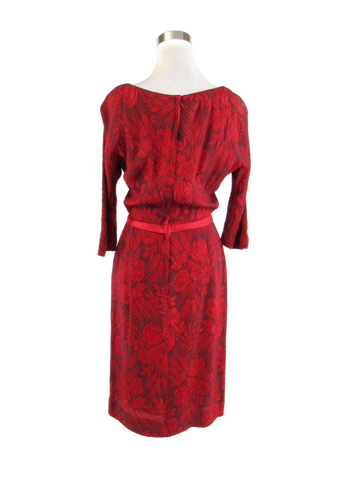 Red gray floral print 3/4 sleeve vintage day dress 12 S