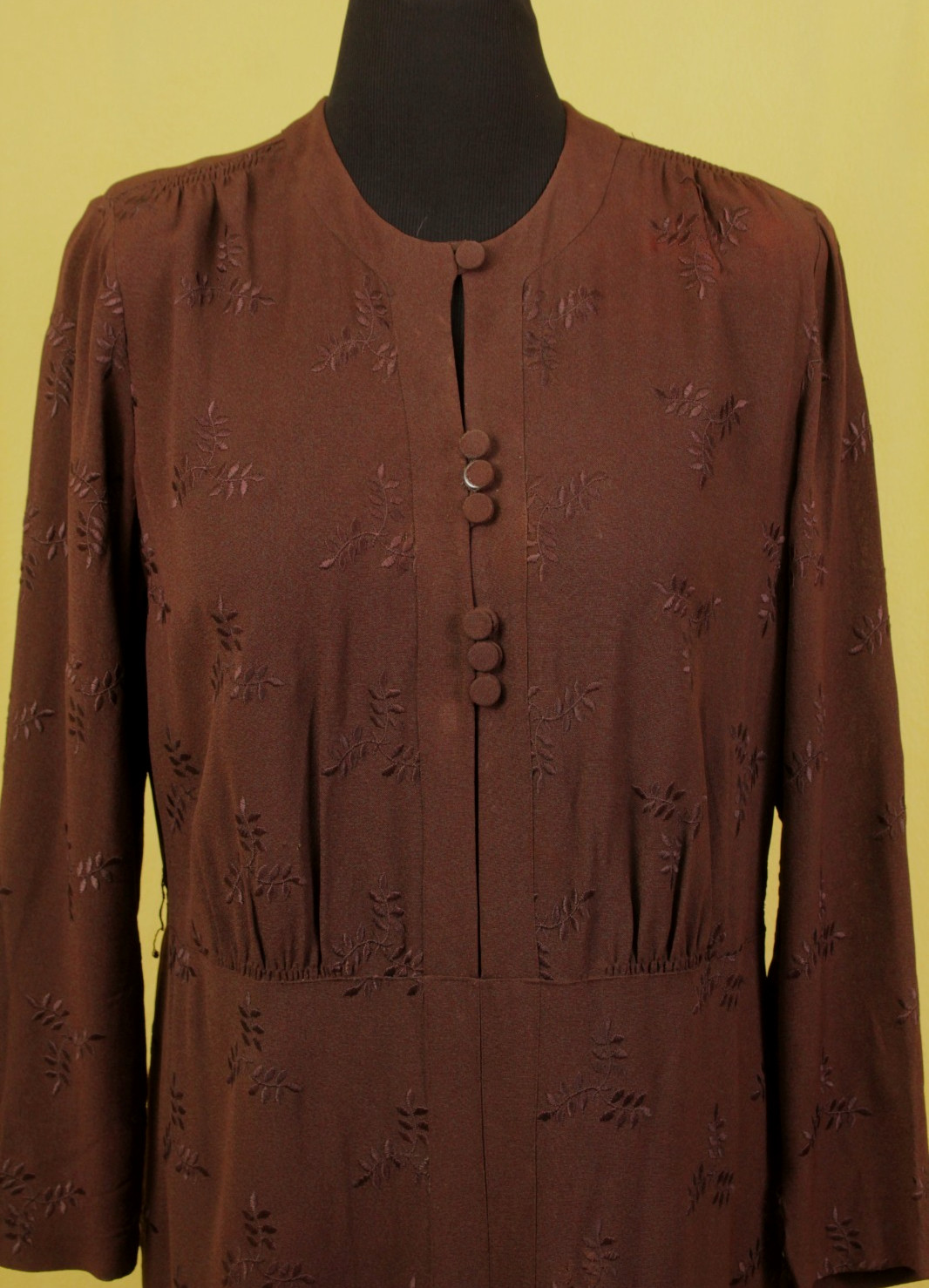 VTG Women’s 30s Brown Embroidered Long Sleeve Rayon Dress Sz XL 1930s Ladycraft