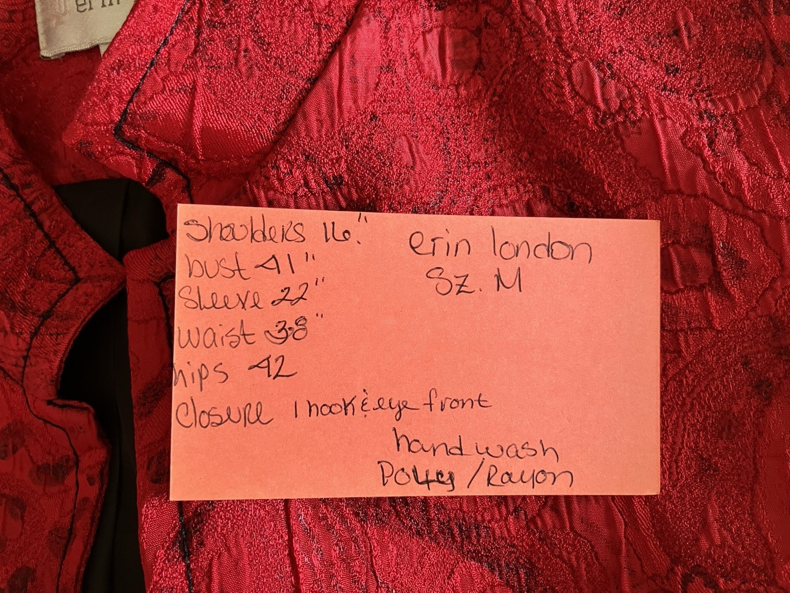 Vtg 80s Erin London Red Jacket Hook & Eye Closure Lightly Padded Shoulders