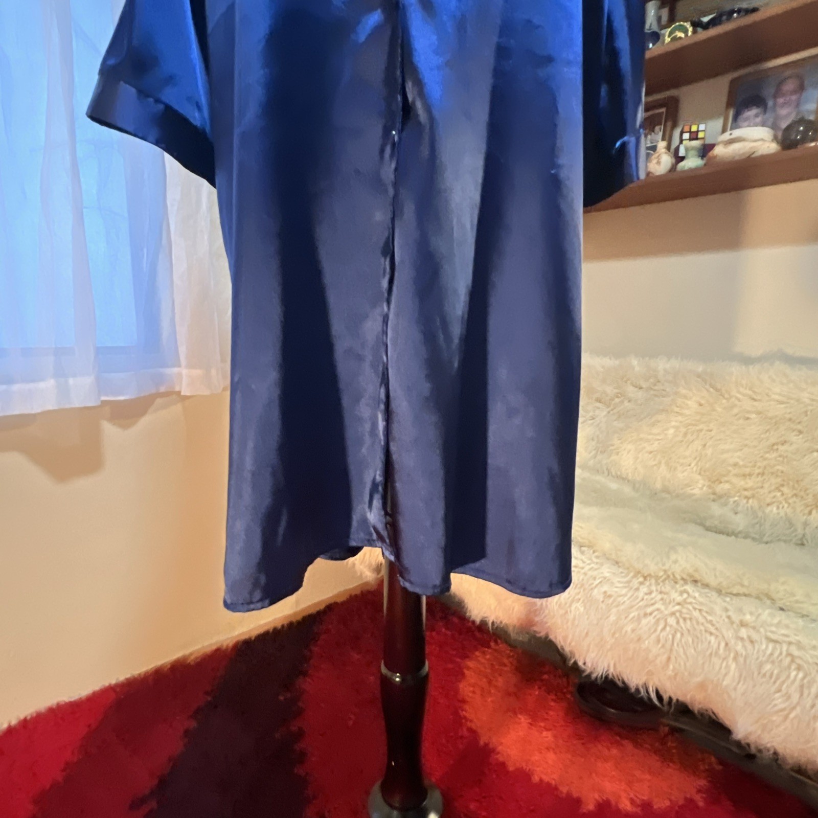 Vtg Ekouaer Glossy Shiny Satin Sleep Shirt Dress XXL Sapphire Blue Button Down
