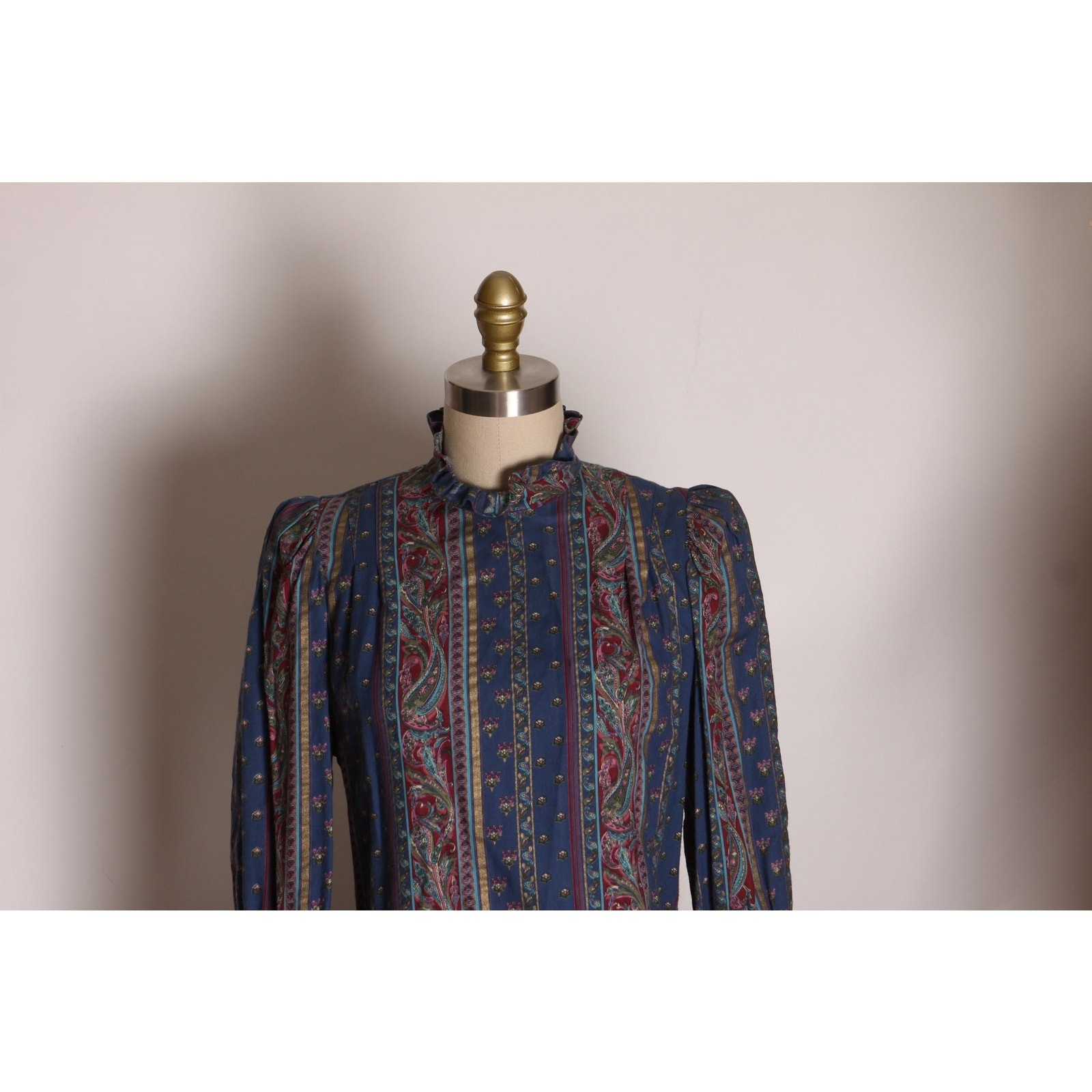 1970s Dark Blue Tan Burgundy Striped Paisley Long Sleeve Dress by Belle France