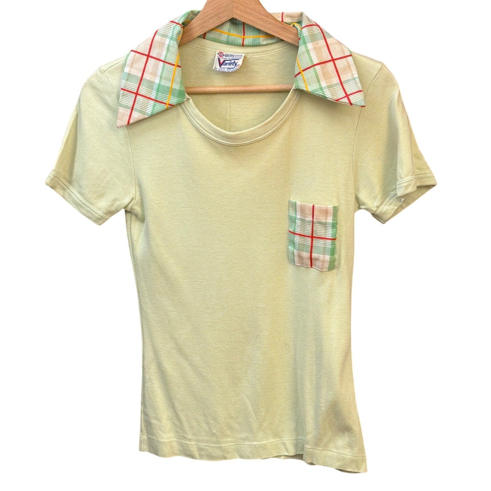 Vintage Golden Wheel Variety Plaid Collar Top Retro 70s Preppy Kitsch Soft Girl