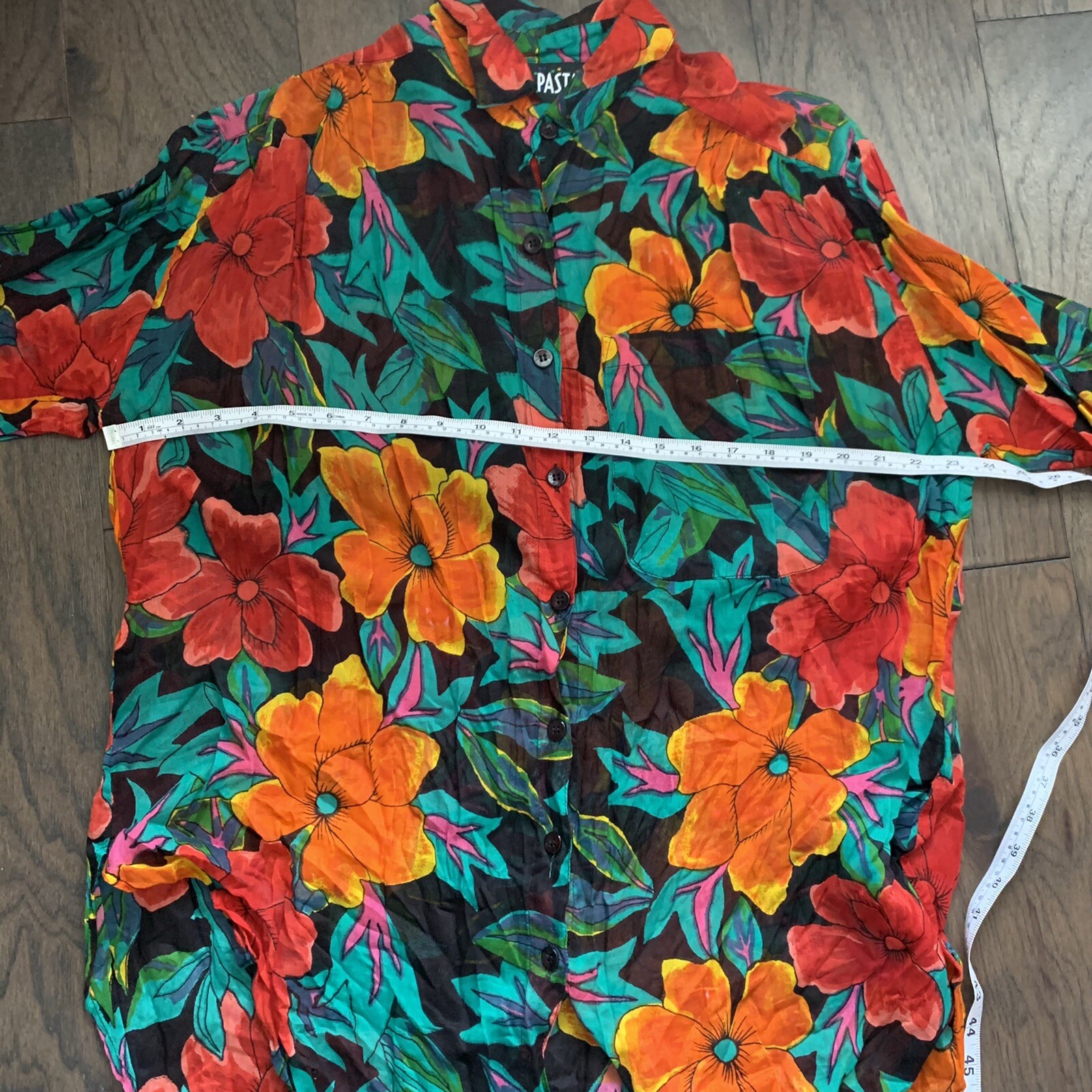 VTG 90s Bright Loud Floral Tropical Button Up Shirt Semi Sheer Blouse Womens S
