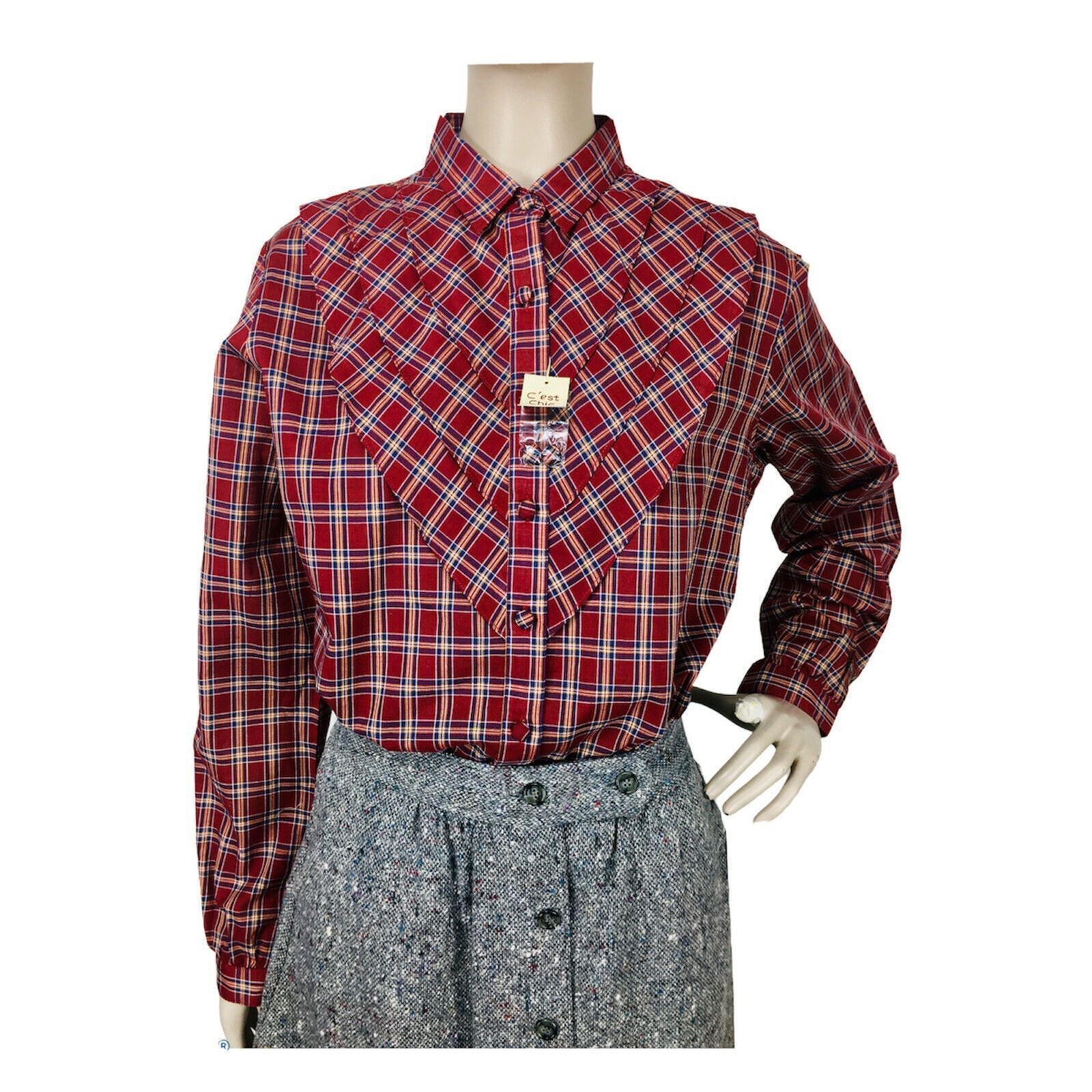 Vintage 80s Boho Western Cowgirl Plaid Ruffle Front Button-Down Blouse NEW