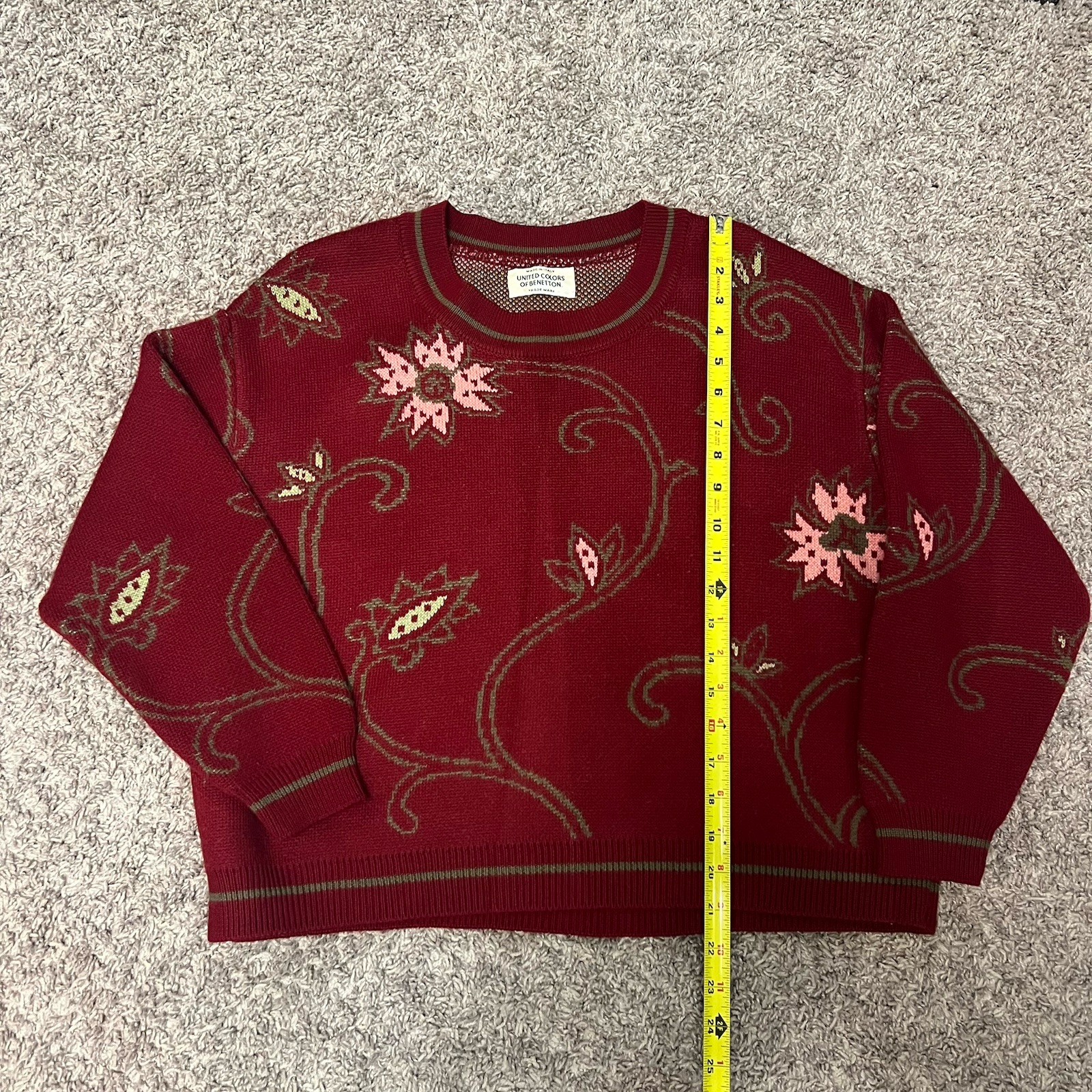 Vintage United Colors Of Benetton Wool Burgundy Pink Floral