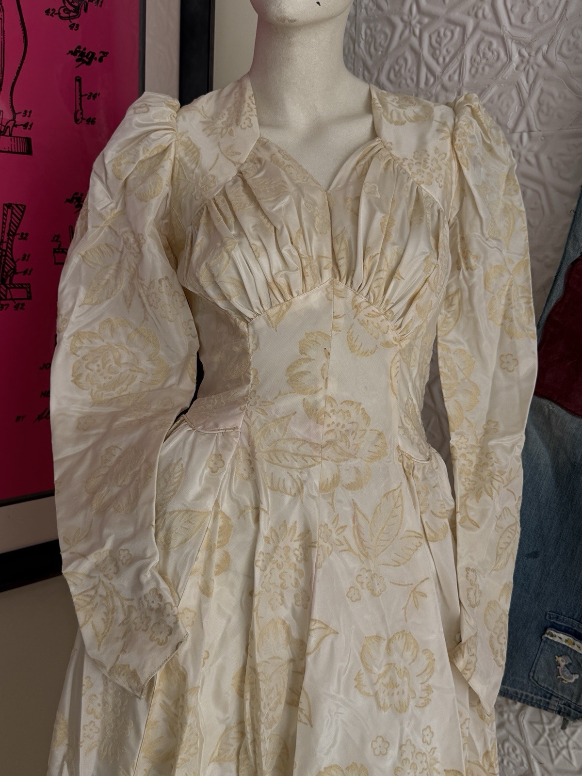 Vintage 1930s wedding gown puff sleeve flocked floral ivory dress-antique bridal
