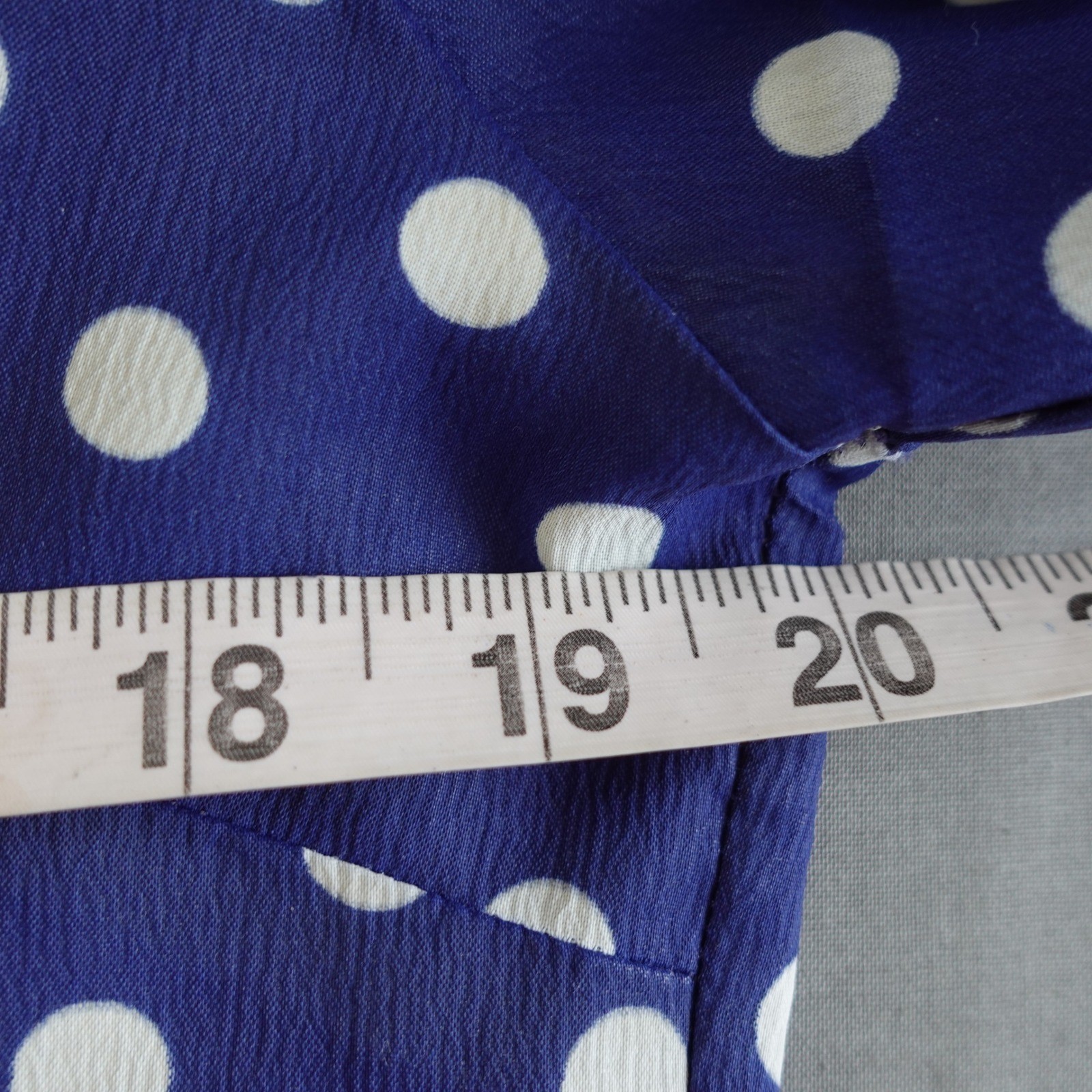 Vtg 70s Polka Dot Blouse Womens M Blue White Ruffle Collar Bell Sleeve Retro Top