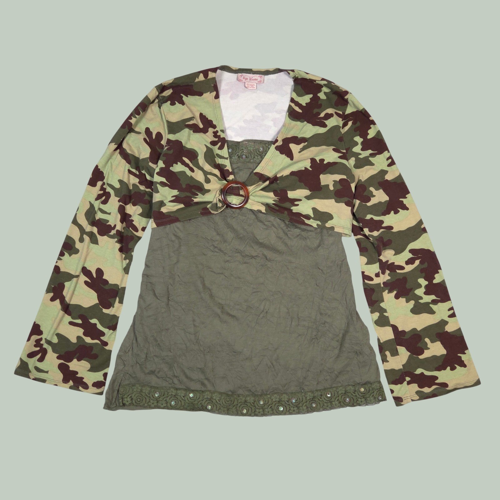 VTG Y2K Knit Werks Girls XXL Jr Medium Camo Crop Cardigan Lace Camisole Tank Set