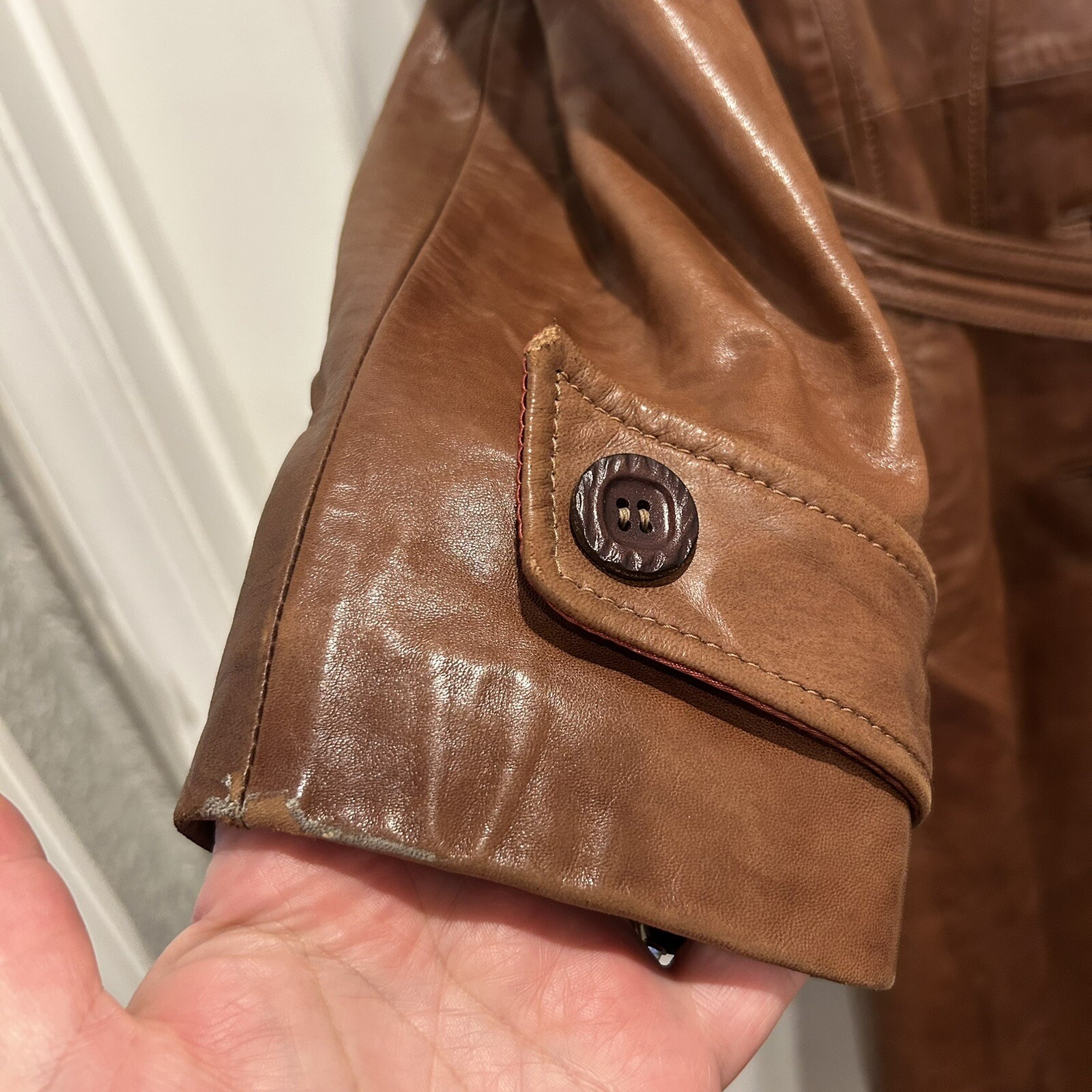 Skin Gear Belted Leather Trench Coat Jacket Womens M Vintage 70s Brown Lambskin