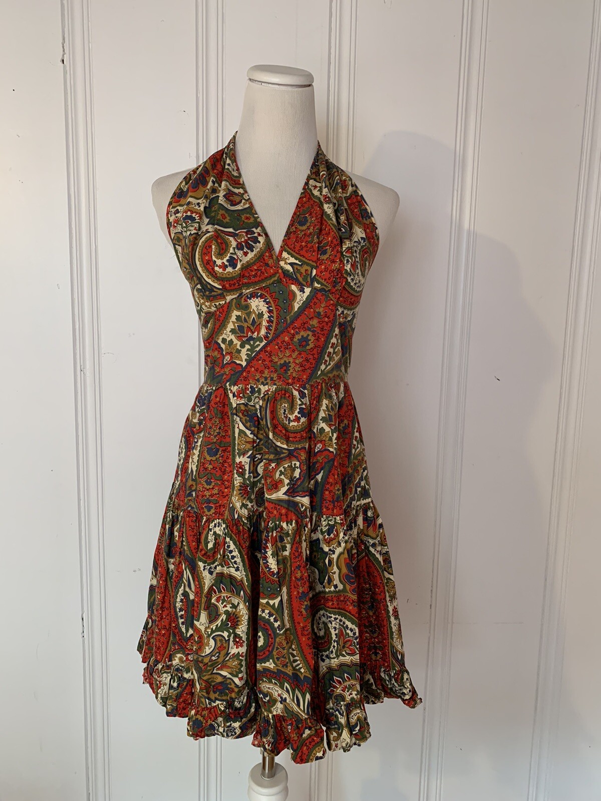 Vintage Kay Whitney By Huntington Dress Halter Paisley Ruffle Bottom Short