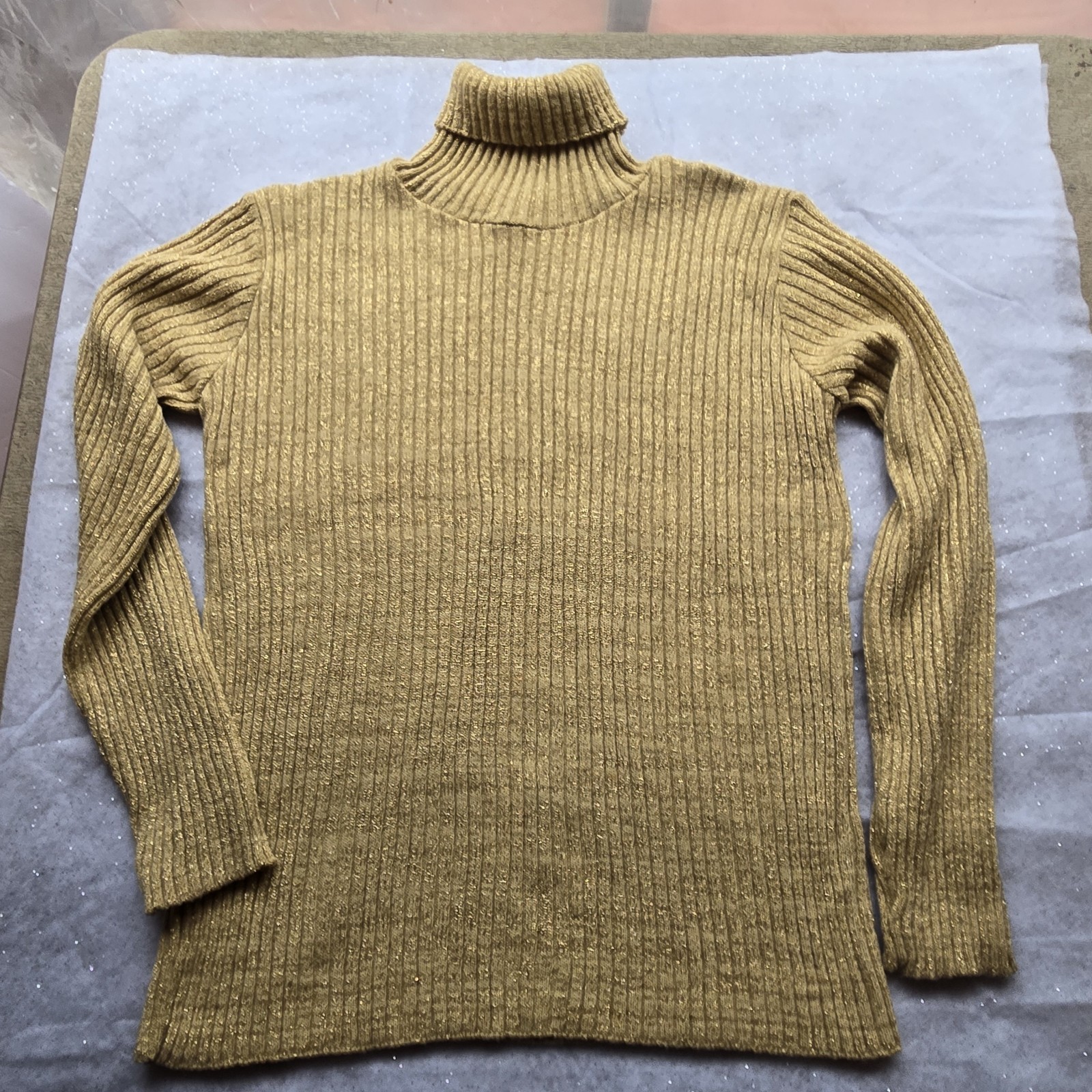 Vintage Gold Metallic Turtleneck Ribbed Knit Sweater Pullover Lurex MEDIUM 1980s