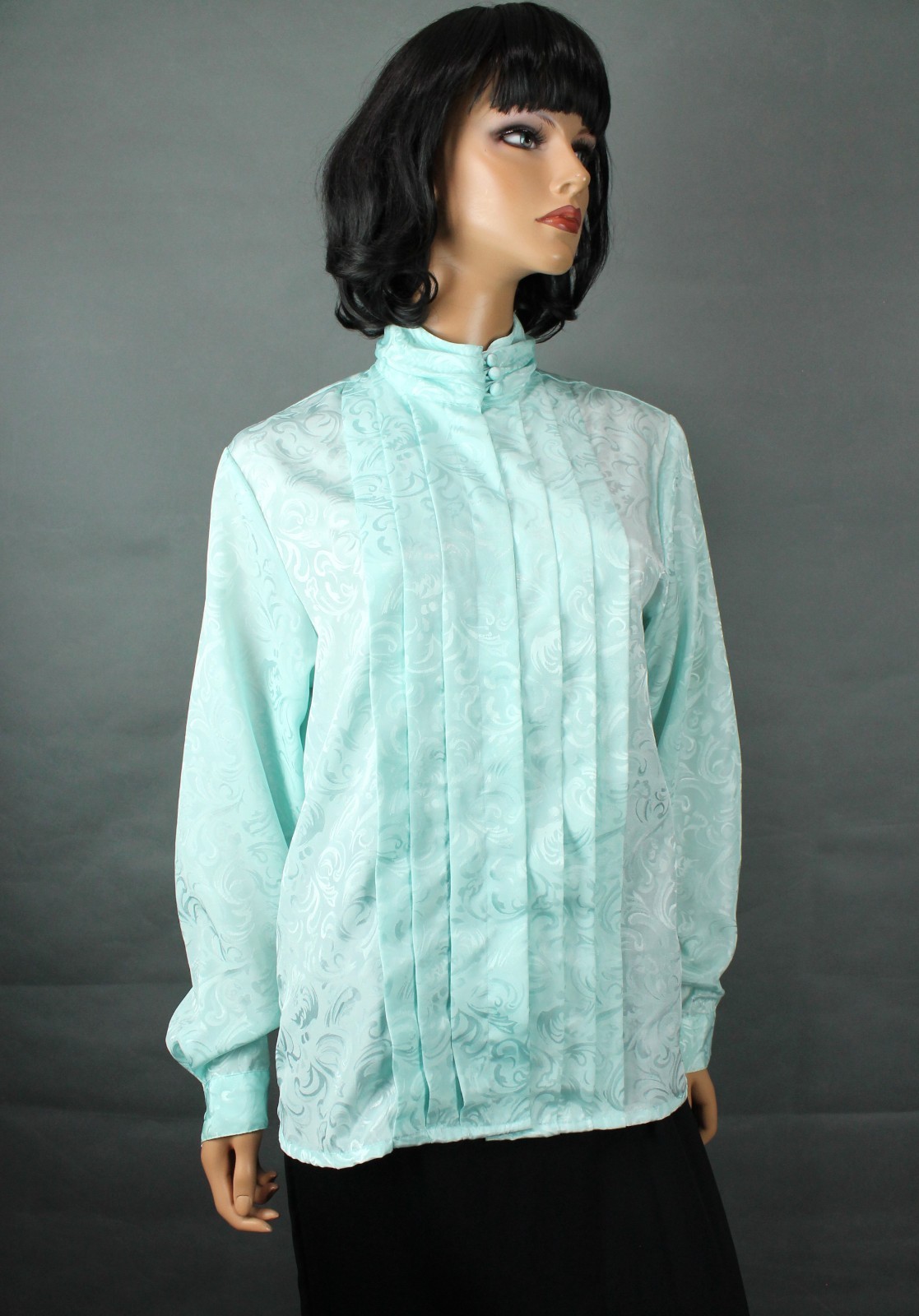 Turtleneck Blouse Sz 10 M Vintage Aqua Blue Pastel Shiny Brocade Dress Shirt