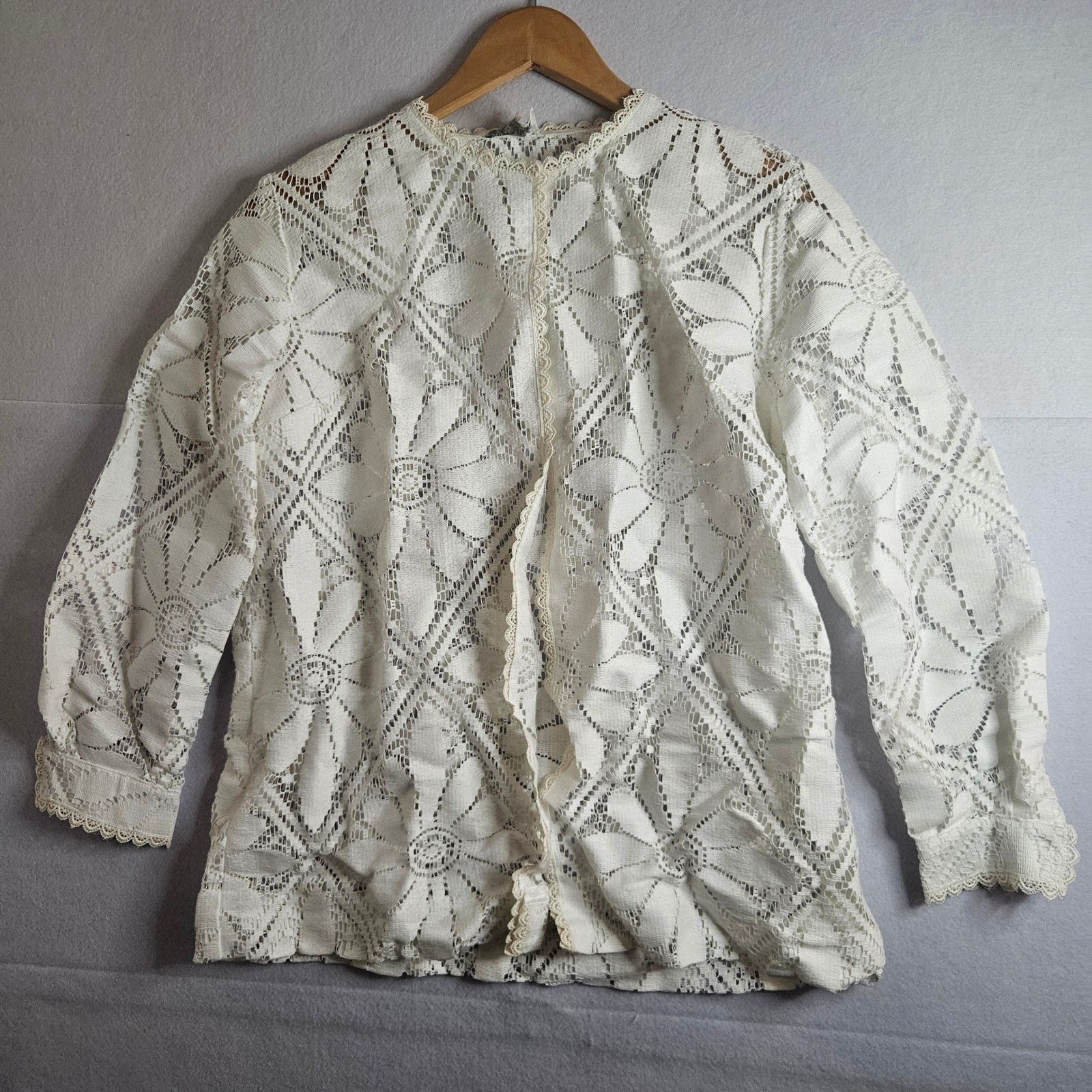 Vintage Adelaar White Cotton Lace Blouse Floral Open Work Scalloped Trim Size 14