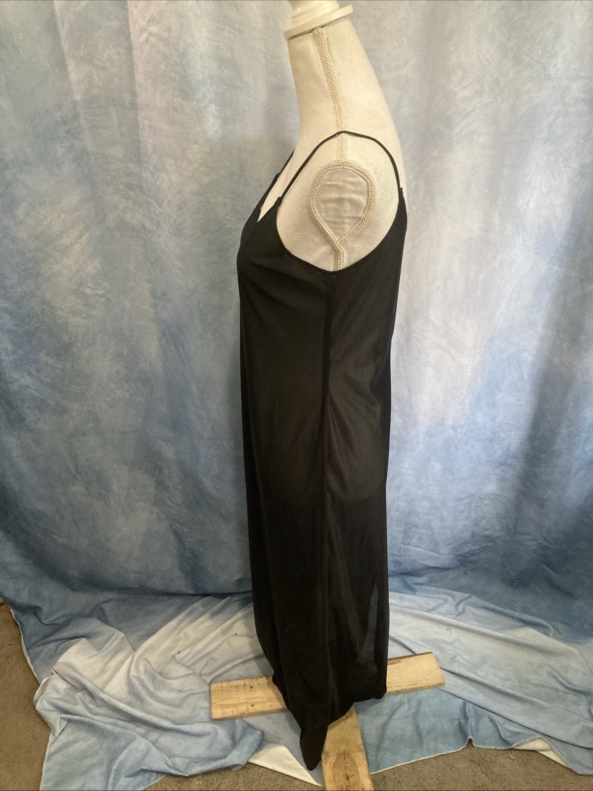 Vtg 90s Black Slip Dress Coquette Rayon Mesh Knit Sheer Maxi Grunge Minimal XS