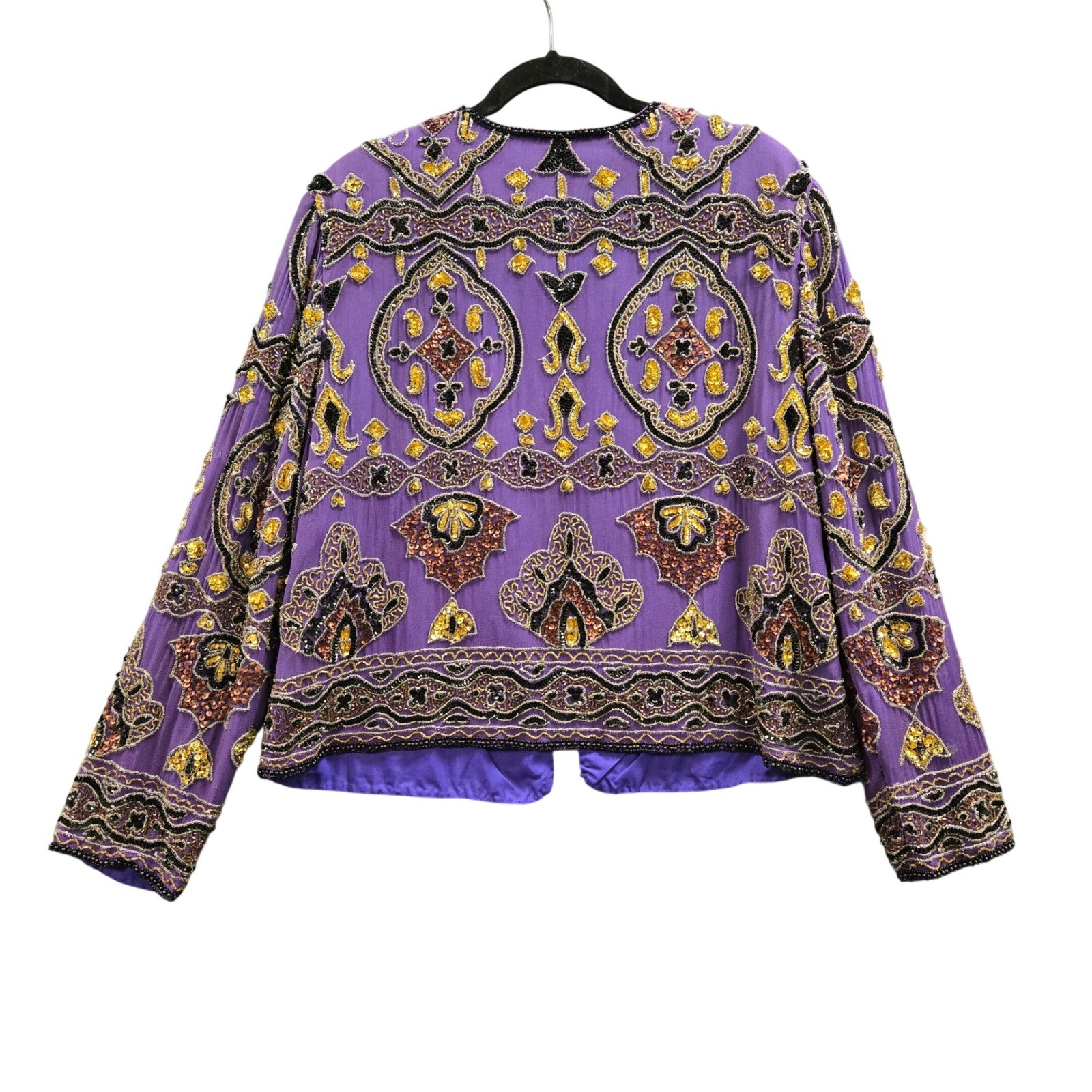 Vintage Beaded Silk Jacket Maximalist XL Purple Sequin Open Festival Art Deco