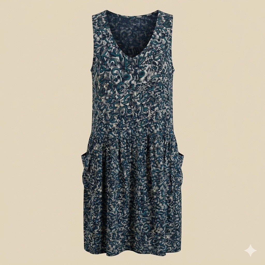 Tarazzia Sport Vintage Rayon Abstract Print Drop Waist Pocket Dress Navy Teal M