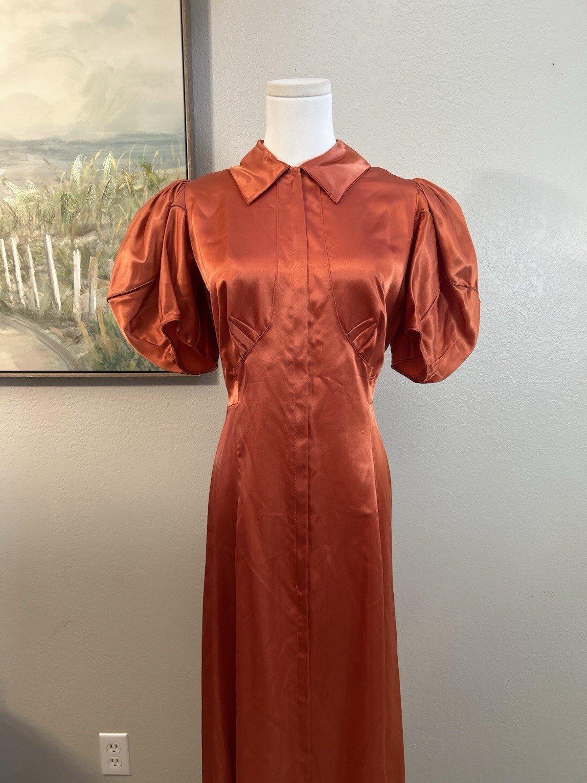 Vintage 1930’s Burnt Orange Satin Puff Sleeves Maxi Dress Dramatic XS/S