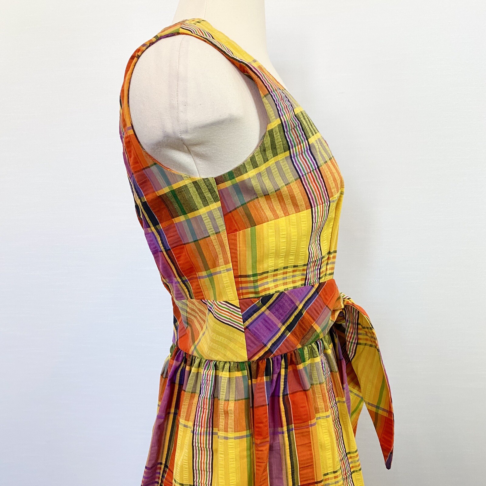 Vintage SWIRL Concept 70s Yellow Orange Madras Plaid Maxi Gown Long Column Dress