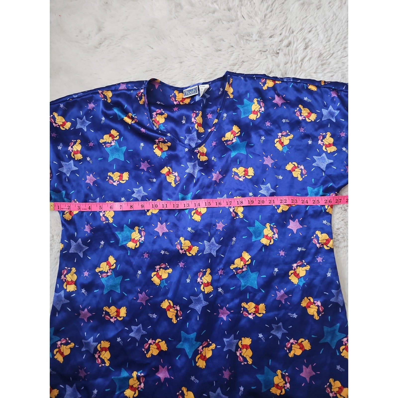 Vintage Winnie The Pooh Disney Satin Nightgown XL Blue Stars Sleepwear Dress