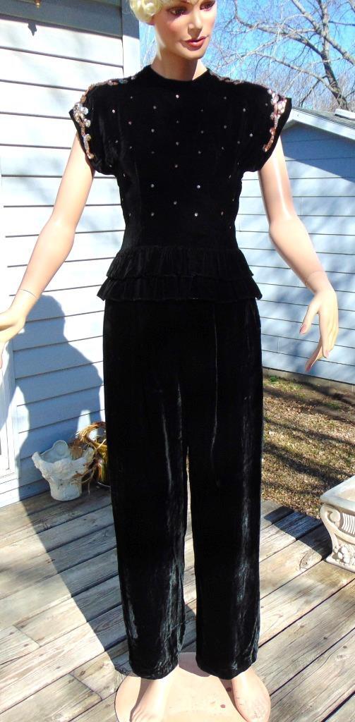 VTG 40s Black Silk Velvet Wide Leg Pants & Sequin Top Sm 26W