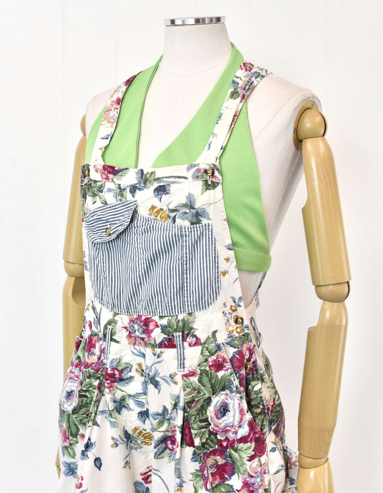 Vintage 1990s Rose Floral Print White Cotton At Last Romper Overalls Shorts
